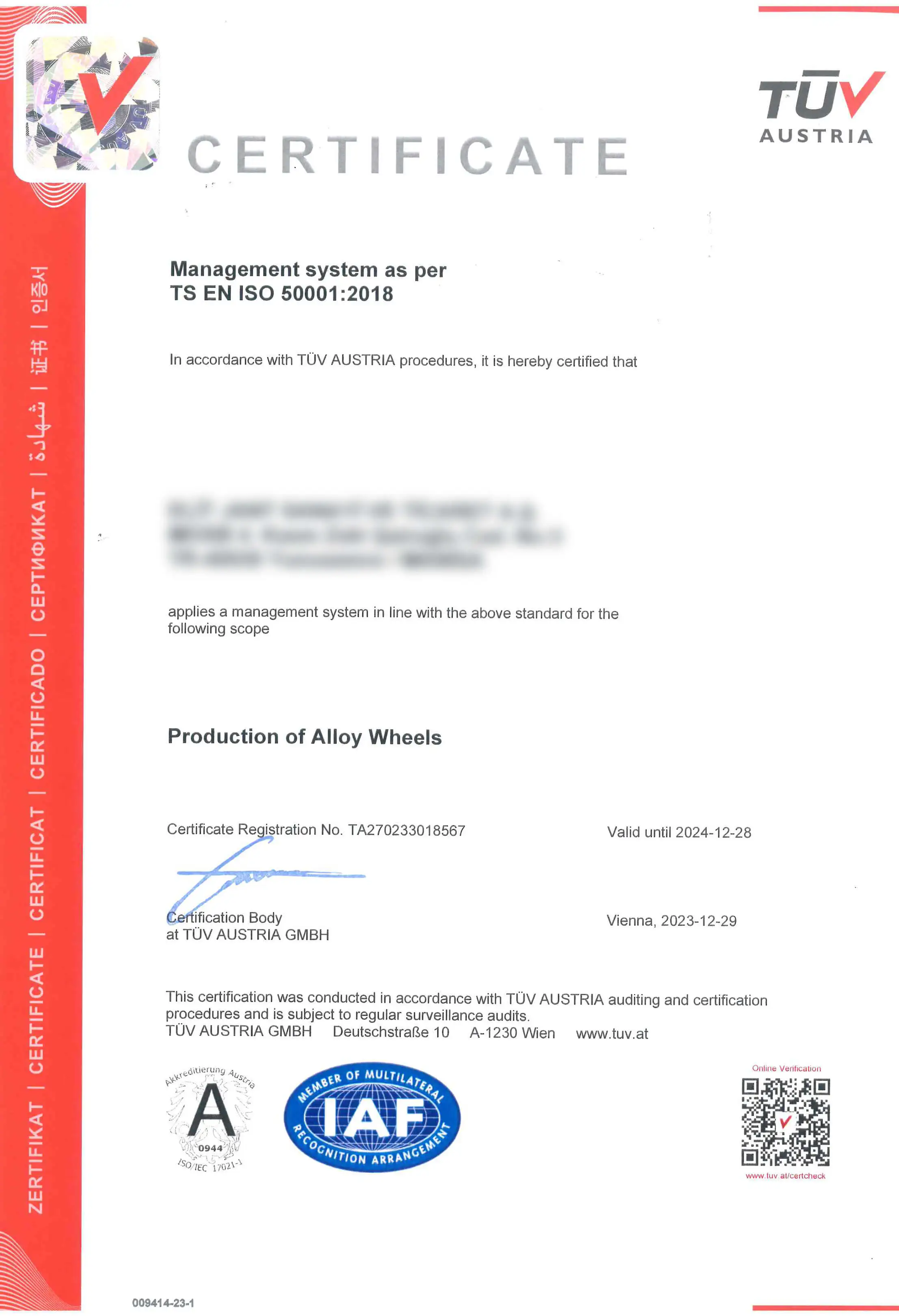 Certificat ISO 50001:2018 Certificat ISO 50001:2018 - LadneFelgi.pl