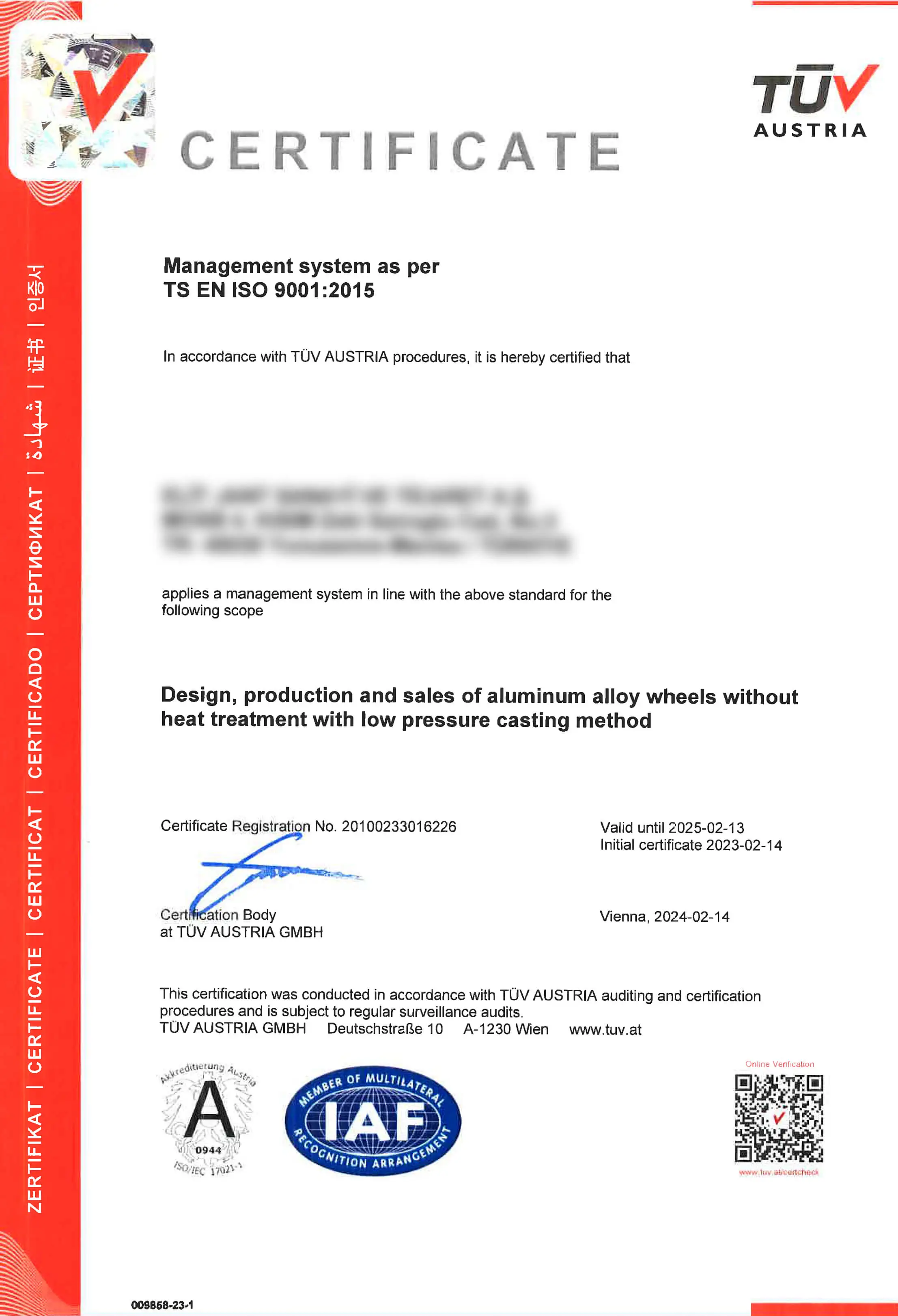 Certificat ISO 9001:2015 Certificat ISO 9001:2015 - LadneFelgi.pl