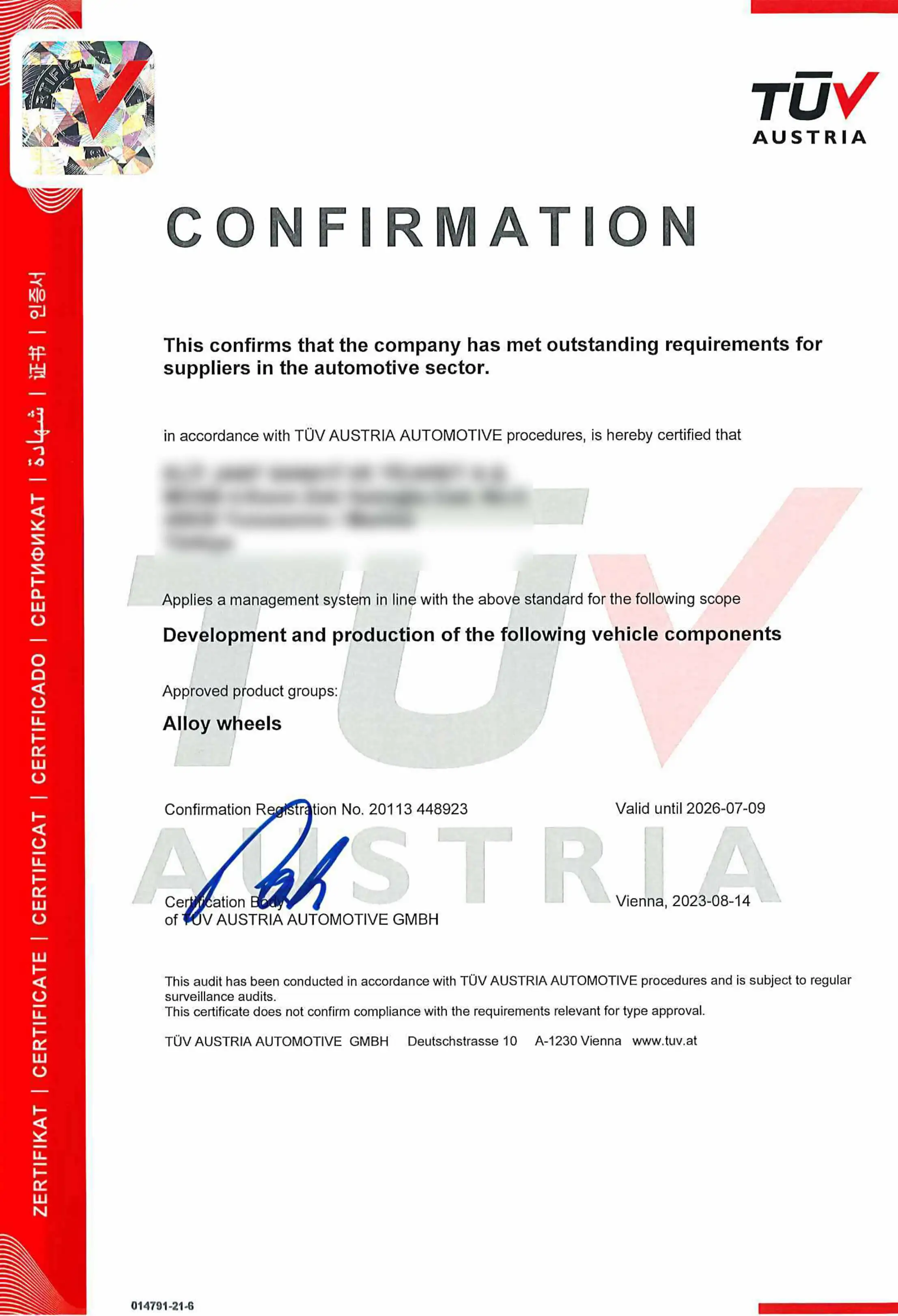 Certificat TÜV Certificat TÜV - LadneFelgi.pl
