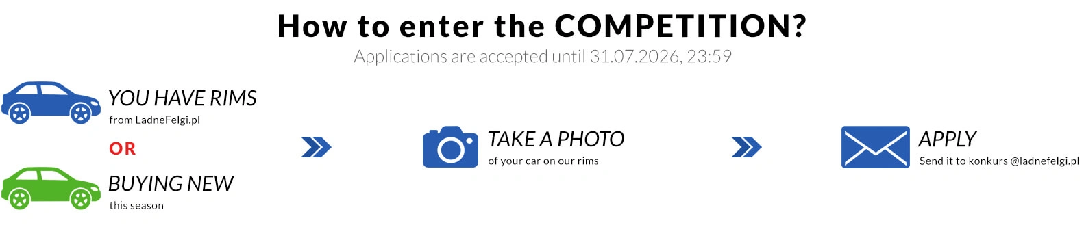 Take a photo of your car on our rims. Send your entry via email to marketing@ladnefelgi.pl. Win valuable prizes!